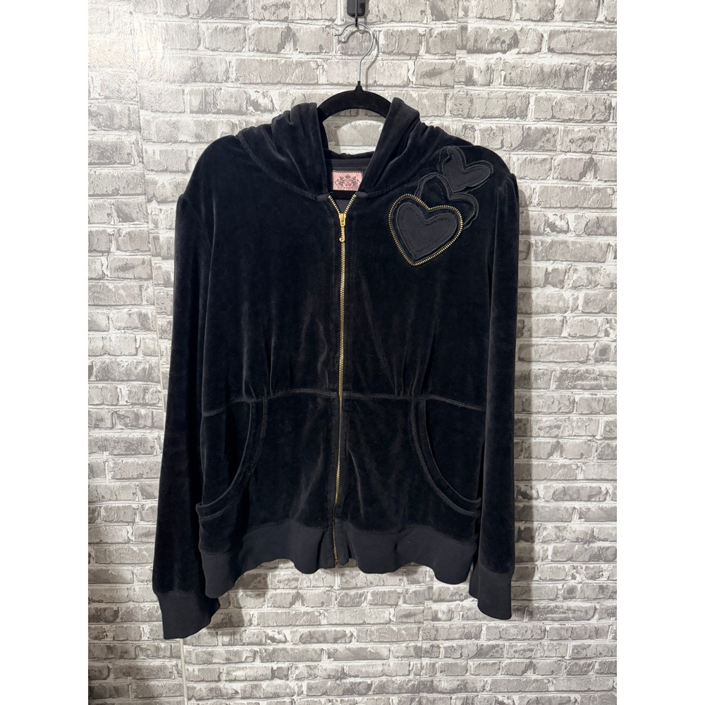 Juicy Couture Black Velour Zip Up Hoodie Heart Patch Gold Zipper 2X